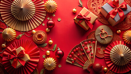 Festive overhead view of red and gold chinese new year decorations and gift boxes arranged on a vibrant red background