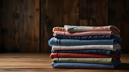 A stack of carefully folded laundry on a wooden surface 