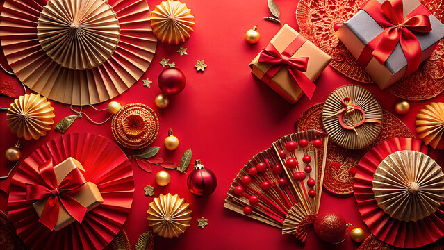 Festive overhead view of red and gold chinese new year decorations and gift boxes arranged on a vibrant red background
