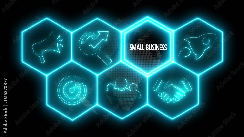 Aufkleber glowing neon line small business concept button on a futuristic computer screen. abstract technology