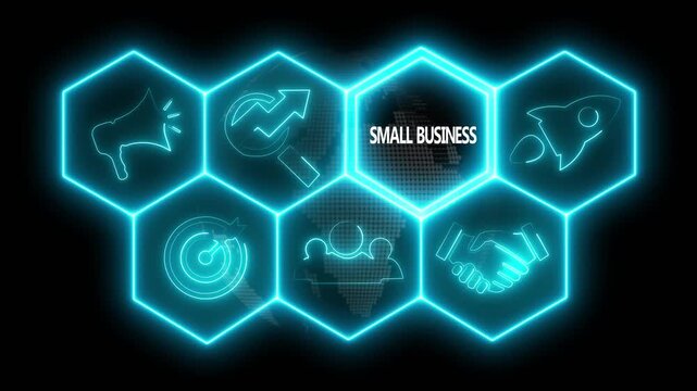 Glowing neon line small business concept button on a futuristic computer screen. abstract technology background with rotating world map icon, Business, Technology, Internet and networking concept. - Powered by Adobe