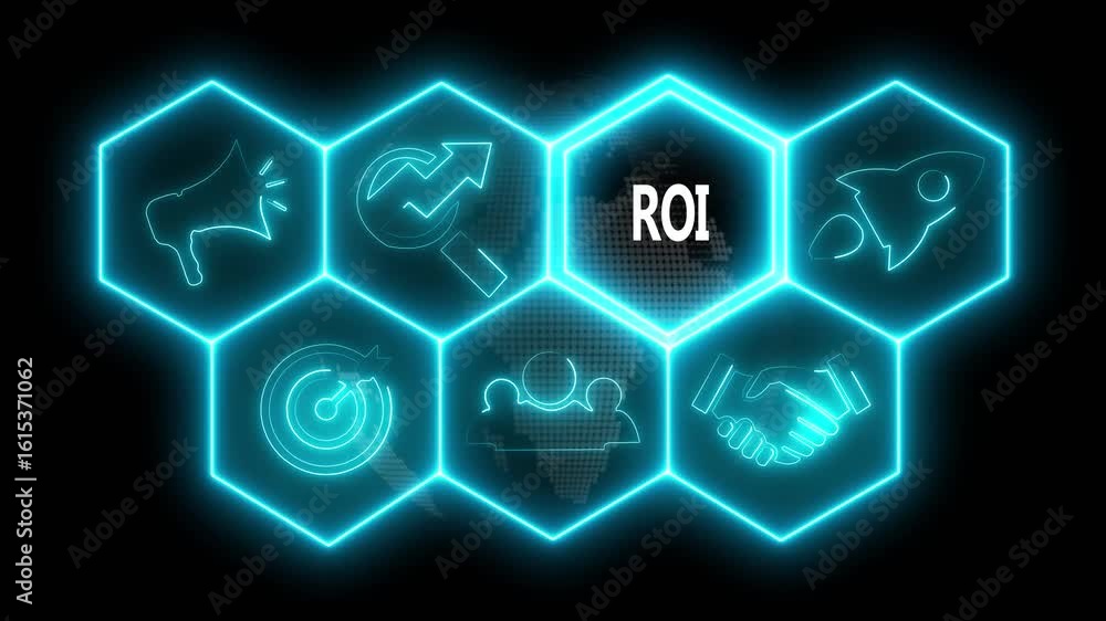 Aufkleber glowing neon line roi concept button on a futuristic computer screen. abstract technology background