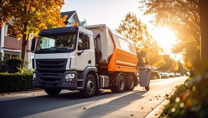 Garbage Truck on Residential Route: A sturdy garbage truck navigates a peaceful residential street, illuminated by the warmth of the sun, with a diligent worker efficiently collecting waste.