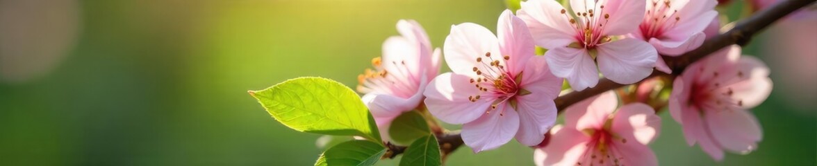 Fototapeta premium Close-up of a blossoming branch, delicate pink flowers and vibrant green leaves, symbolizing renewal and healing Perfect for healthcare, wellness, and spring themes , bright, branch, nature