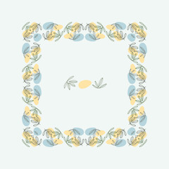 Minimalist square border frame design featuring hand drawn leaves and abstract yellow and blue shapes. Ideal for invitations greeting cards packaging and decorative templates. 