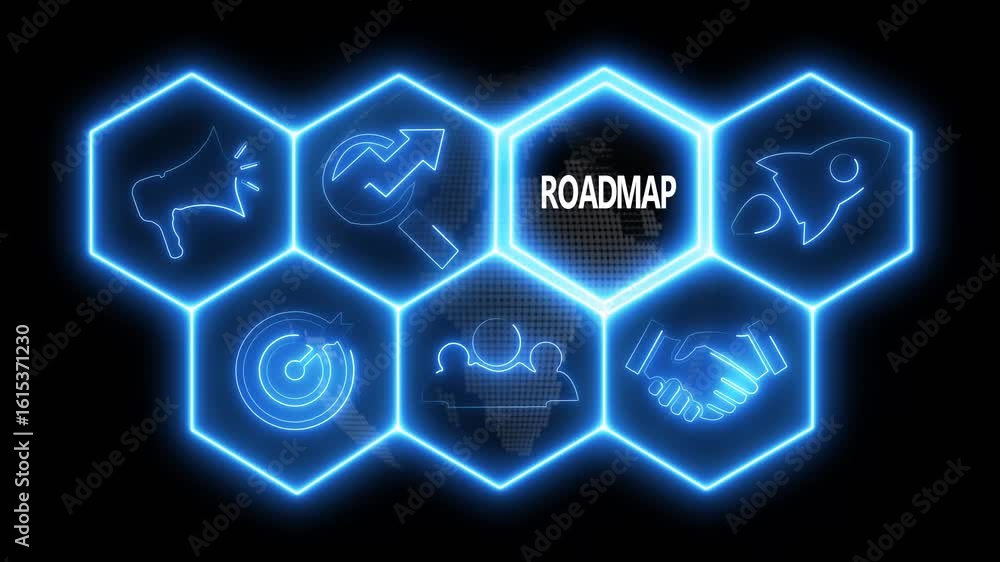 Aufkleber glowing neon line roadmap concept button on a futuristic computer screen. abstract technology backgr