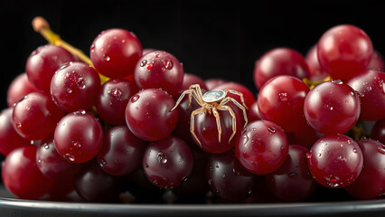 A vibrant bunch of dew-kissed red grapes features a delicate spider, captured in striking macro detail.