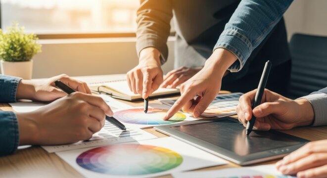 Team of designers collaborating on a creative project using color palettes and digital tools