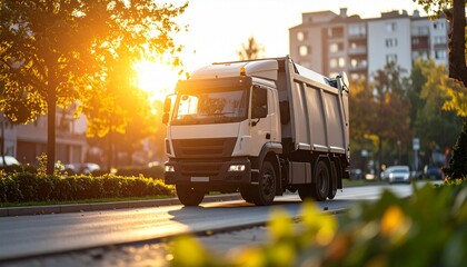 Urban Transport: A waste collection truck travels a sunlit city street, embodying the essential services that keep urban environments clean and functional.
