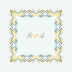Minimalist square border frame design featuring hand drawn leaves and abstract yellow and blue shapes. Ideal for invitations greeting cards packaging and decorative templates. 
