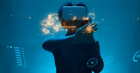  Hands holding VR headset as  woman experiences immersive virtual technology—symbolizing digital...