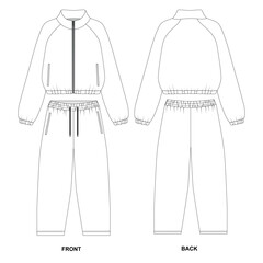 vector illustration of a fashion sketch of a windbreaker and joggers. Sketch of an empty template for a windbreaker with a zipper and loose jogger pants with an elastic waistband, front and back views