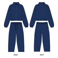 vector illustration of blue tracksuit. Sketch of a windbreaker with zippers and loose elastic-waist pants, front and back views.