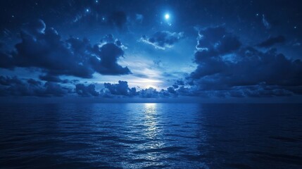 Vast, dark blue sea, moonlit clouds, stars