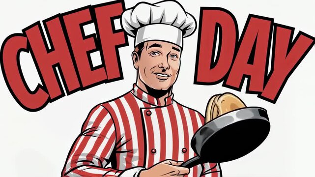 Male chef character animation flipping pancakes in a pan with chef day text overlay, culinary profession concept footage