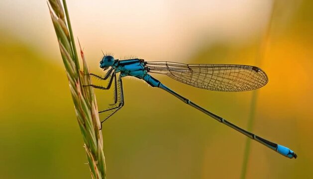 Close up of a vibrant blue damselfly resting on a blade of grass