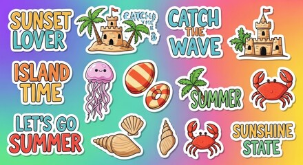 Fototapeta premium Vibrant summer vacation stickers featuring cartoon illustrations of sea creatures and landscapes