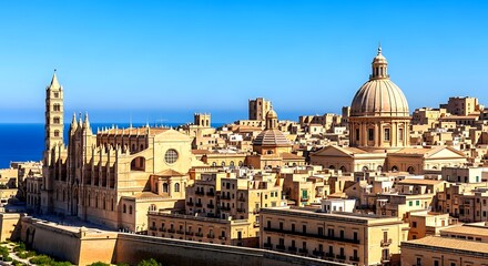 Fototapeta premium Historic European Cityscape With Grand Cathedral and Dome Under Blue Sky architecture building