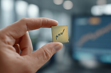 Medium shot of businessperson’s hand holding gold semiconductor chip in front of holographic rising market chart