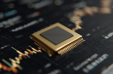 Macro shot of golden processor hovering above digital stock market graphs