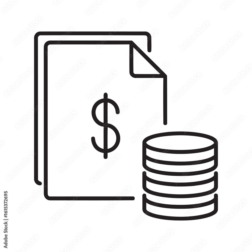 Poster financial statement icon with document showing dollar sign and stack of coins representing budget re