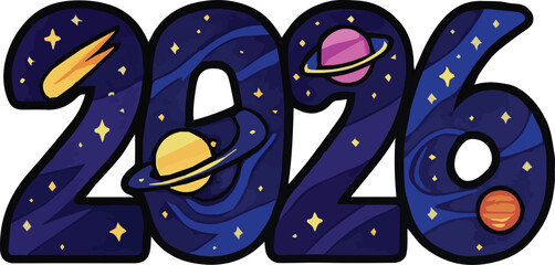 Happy new year flat vector icon of stylish space 2026 typography illustration for sticker, logo, book, t-shirt and more print or digital design