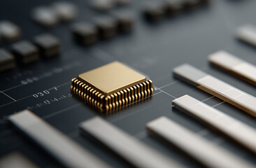 Medium shot of golden semiconductor chip on rising transparent acrylic bar graphs
