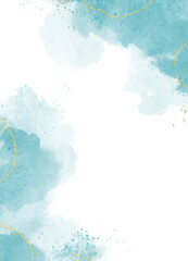 Abstract blue watercolor, blurred Blue powder explosion on white background Luxury design and splash with golden crackers. Template design for birthday invite or card.