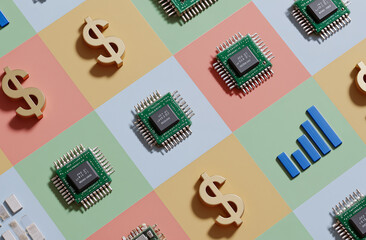 Overhead flat lay of microchips, dollar signs, and chart icons arranged on pastel grid board