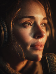 A woman with blonde hair and a microphone in front of her. She is wearing headphones and looking at the camera