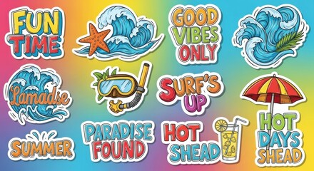 Colorful summer sticker collection featuring beach vibes, playful typography and ocean elements