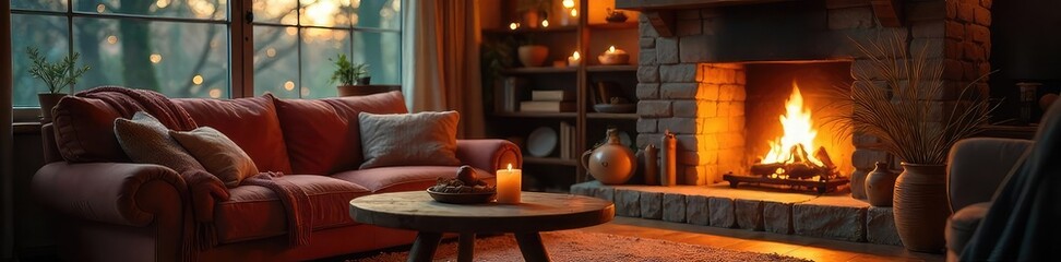Obraz premium Cozy living room scene featuring a crackling fireplace, warm blankets, and soft lighting, perfect for a relaxing evening at home , interior, peaceful, soft lighting