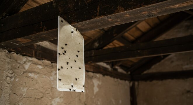 Collection of dead flies attached to a white cloth hanging from dark wooden beams in rustic attic ceiling, highlighting decay and insect infestation with natural, moody atmosphere