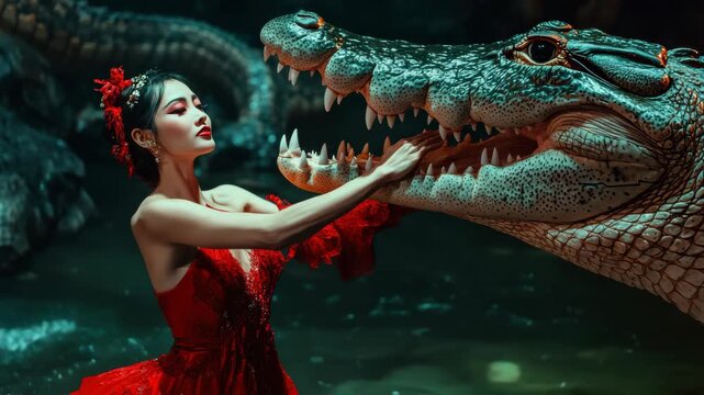 A woman in a red dress is posed with an alligator, suggesting danger and theatricality in a swamp setting.