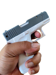 hand with gun on white isolated background, gun safety concept