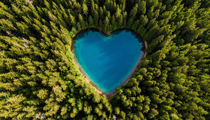 Beautiful heart shaped lake in the middle of a clear blue ocean with exotic vibes surrounded by forest and sand