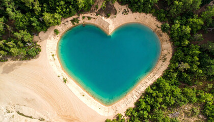 Beautiful heart shaped lake in the middle of a clear blue ocean with exotic vibes surrounded by forest and sand