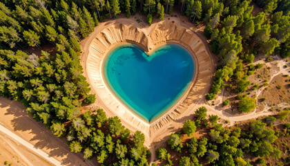 Beautiful heart shaped lake in the middle of a clear blue ocean with exotic vibes surrounded by forest and sand