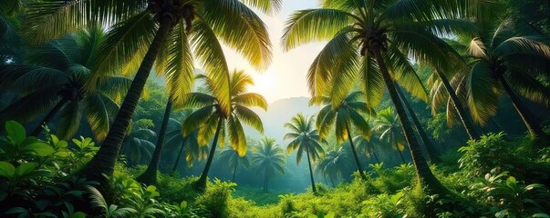 Fototapeta premium Dense palm trees create a lush, shady oasis under a bright tropical sky The sun filters through the leaves, dappling the forest floor Perfect for travel, nature, and vacation themes , green, leaves