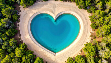 Beautiful heart shaped lake in the middle of a clear blue ocean with exotic vibes surrounded by forest and sand