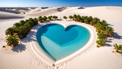 Beautiful heart shaped lake in the middle of a clear blue ocean with exotic vibes surrounded by forest and sand