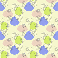 Modern botanical seamless pattern featuring hand drawn linear leaves over abstract colorful blobs. Perfect for textile design wallpaper packaging and natural themed projects. 