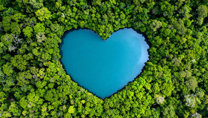 Beautiful heart shaped lake in the middle of a clear blue ocean with exotic vibes surrounded by forest and sand