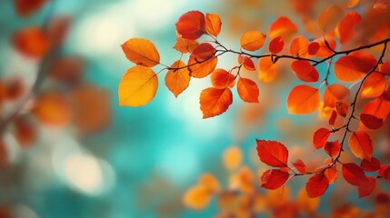 Autumn leaves on branches against a teal-toned background