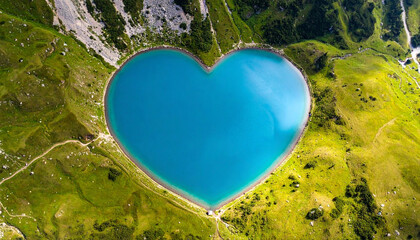 Beautiful heart shaped lake in the middle of a clear blue ocean with exotic vibes surrounded by forest and sand