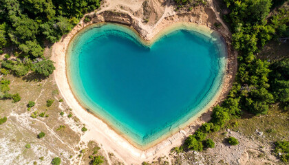 Beautiful heart shaped lake in the middle of a clear blue ocean with exotic vibes surrounded by forest and sand