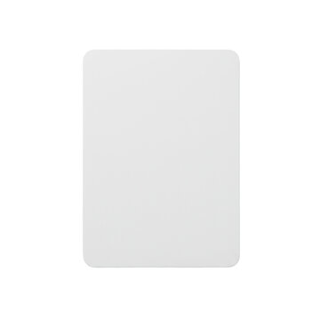 Pristine transparent blank standard-sized playing card, matte white cardstock, perfectly flat on a seamless infinite white background, top-down flat lay, shadowless studio lighting, sharp focus,