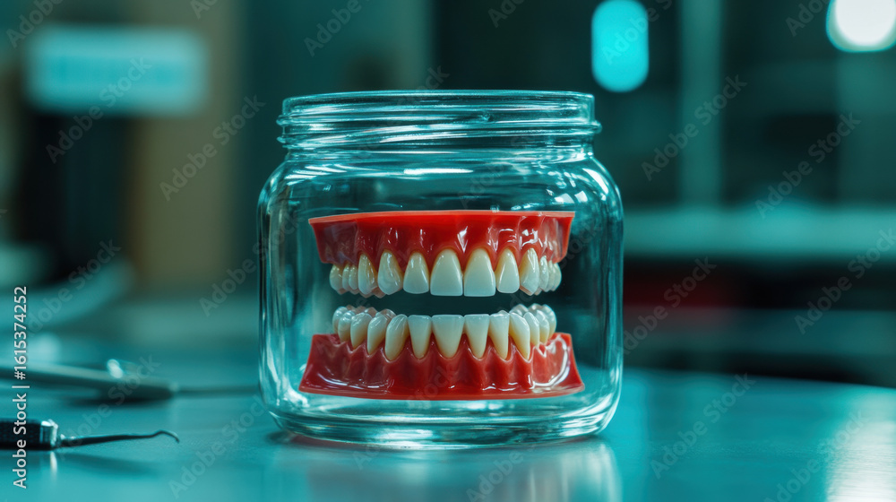 Poster a macro shot capturing light reflecting off denture teeth, showcasing intricate details and textures