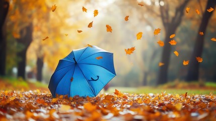 Blue umbrella in autumnal park