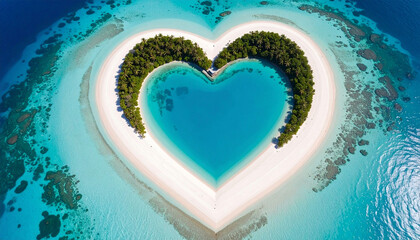Beautiful heart shaped lake in the middle of a clear blue ocean with exotic vibes surrounded by forest and sand